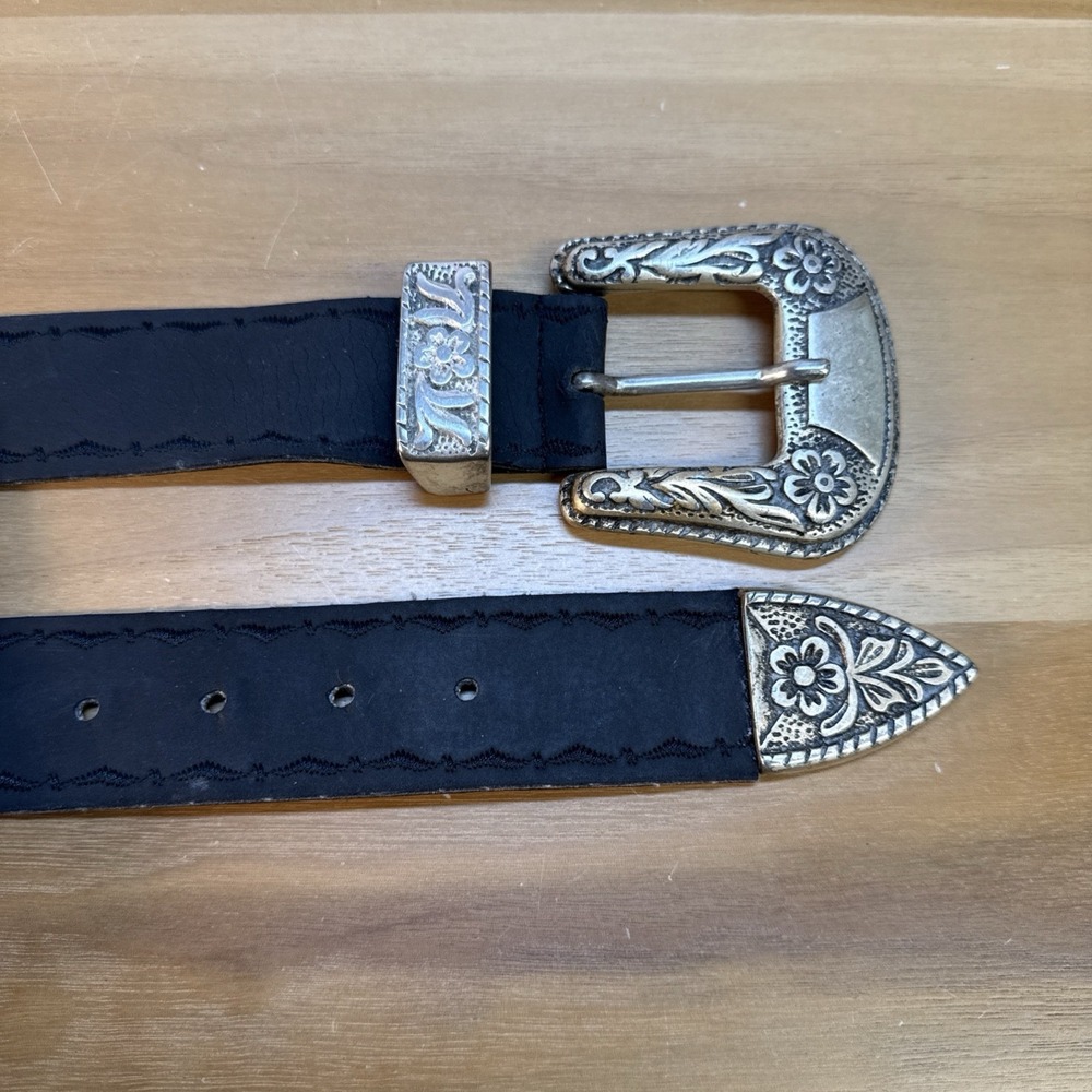 LOCOMOTIVE by DOPPIA VITA Leather Belt Ornate Silver Buckle Sz 26 Black Boho Art